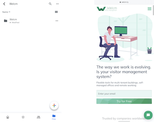 "Create New" FAB in Google Drive and "IM Chat" FAB on Welcm website